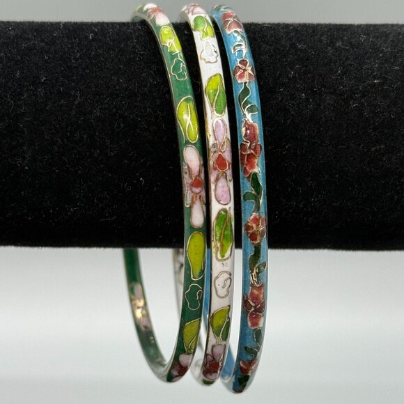 Vintage Cloisonne Bangle Bracelets - Floral Blue White Green (Set of 3) - Picture 1 of 5